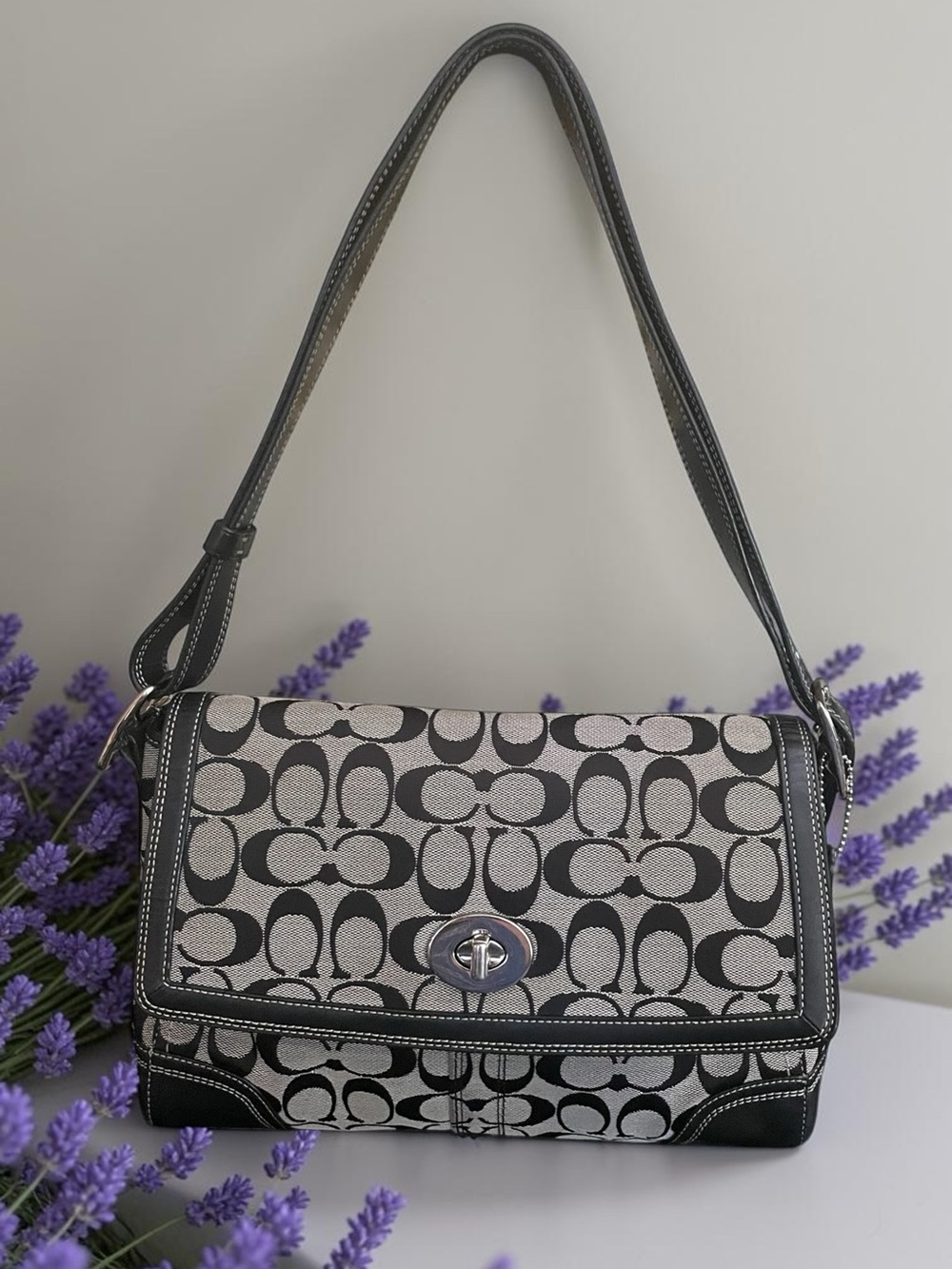 Coach Black and Gray Signature Turnlock Shoulder Bag